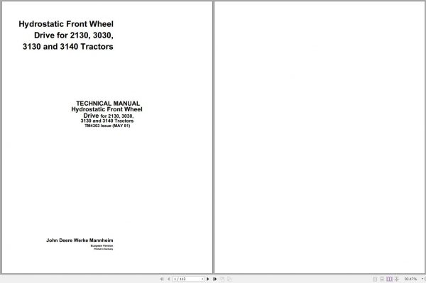 John Deere Tractors Hydrostatic Front Wheel Drive 2130 3030 3130 3140 Technical Manual TM4303 1
