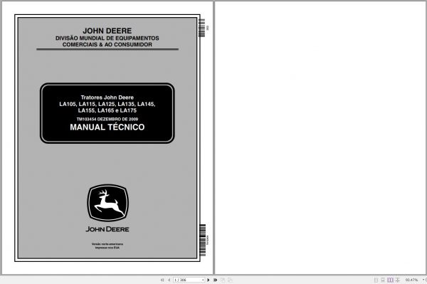 John Deere Tractors LA105 LA175 Technical Manual TM103454 12.2009 PT 1