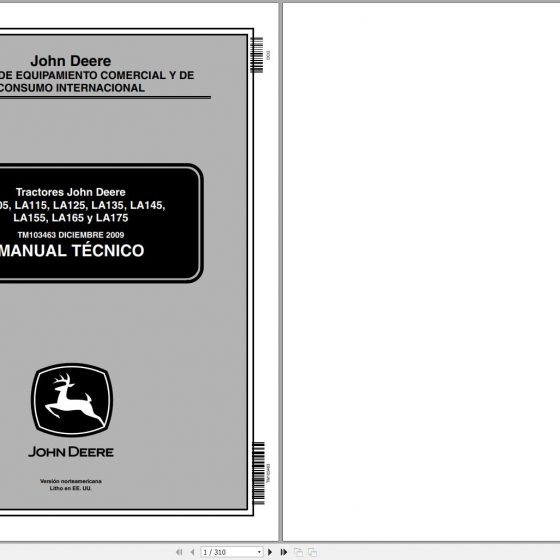 John Deere Tractors LA105 LA175 Technical Manual TM103454 12.2009 PT