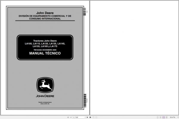 John Deere Tractors LA105 LA175 Technical Manual TM103463 12.2009 PT 1