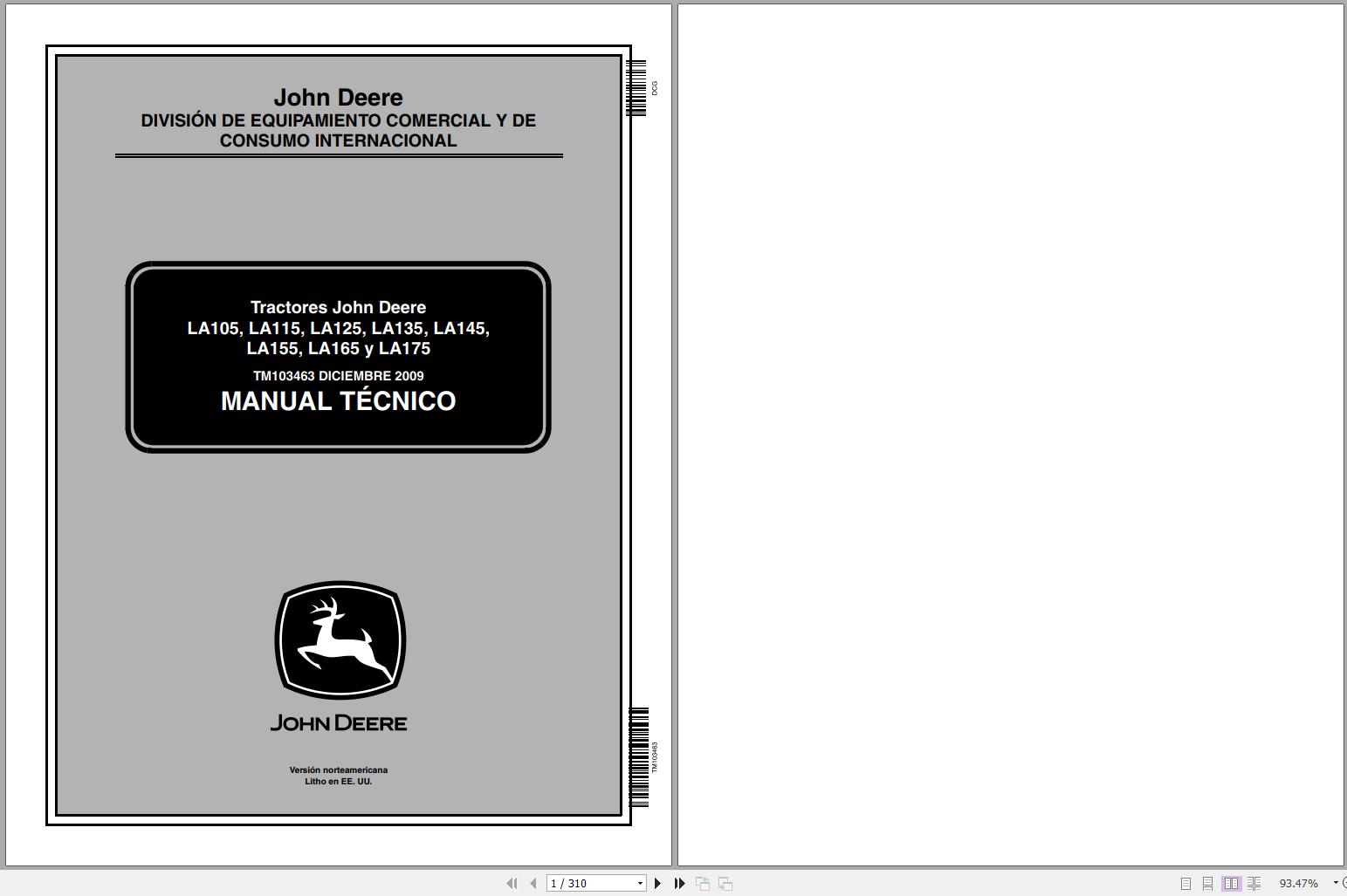 John Deere Tractors LA105 LA175 Technical Manual TM103463 12.2009 PT 1