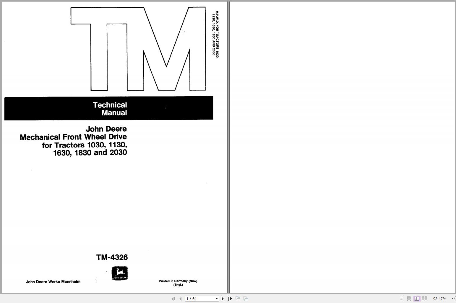 John Deere Tractors Mechanical Front Wheel Drive 1030 2030 Technical Manual TM4326 1