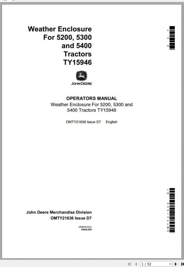 John Deere Tractors TY15946 5200 5300 5400 Operators Manual OMTY21636 D7 1