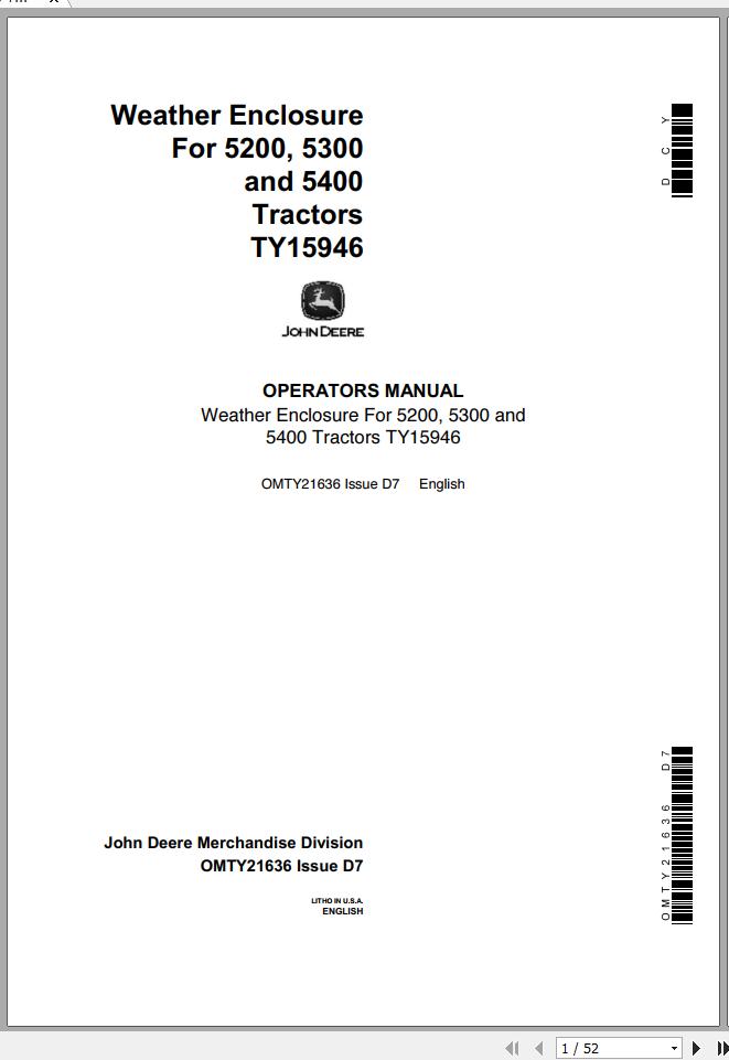 John Deere Tractors TY15946 5200 5300 5400 Operators Manual OMTY21636 D7 1