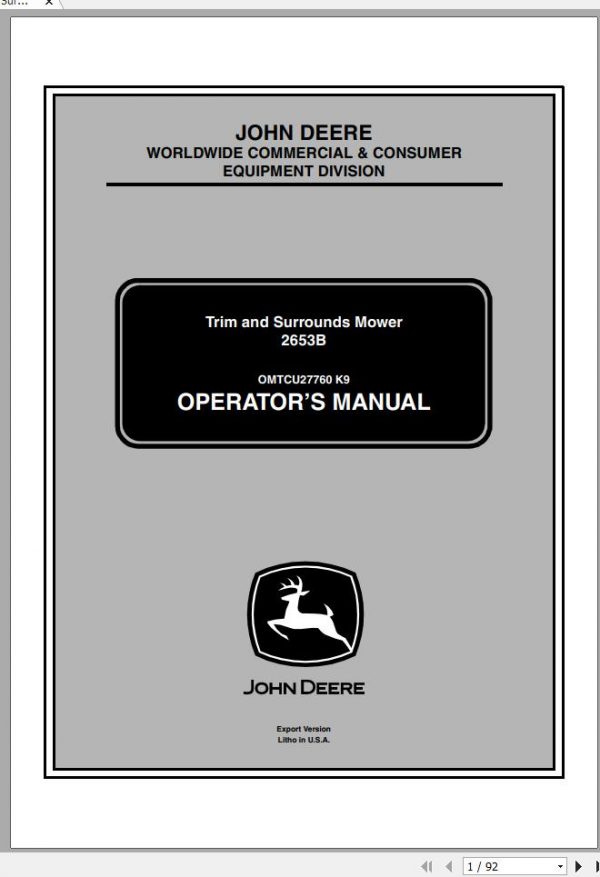 John Deere Trim Surrounds Mower 2653B SN 040001 Operators Manual OMTCU27760 K9 2009 1