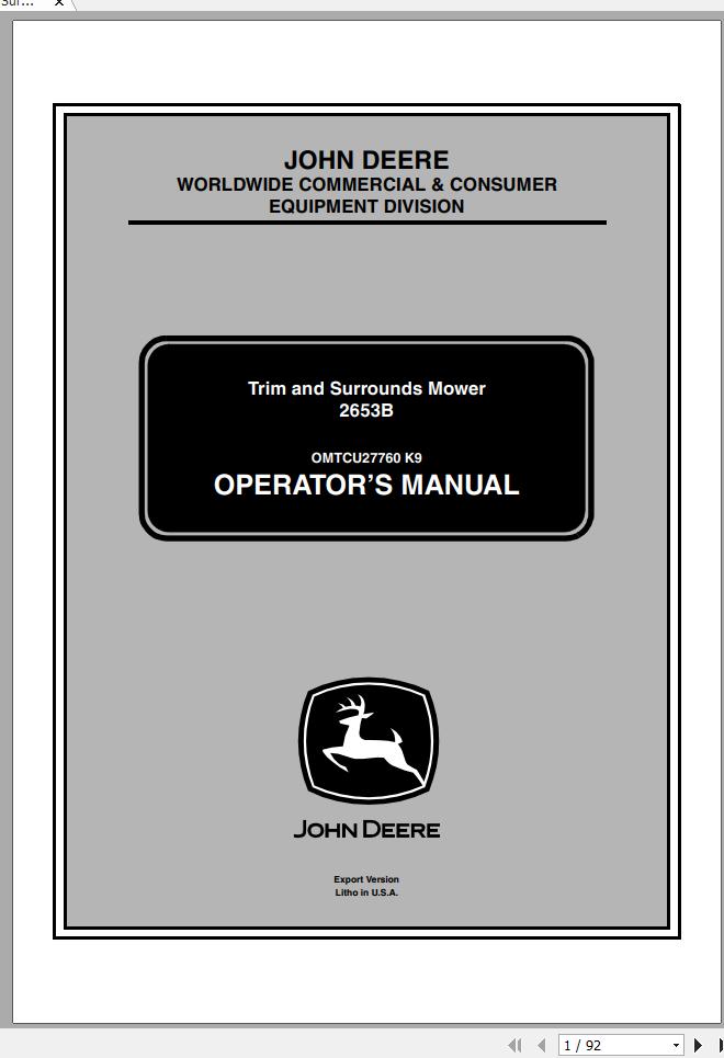 John Deere Trim Surrounds Mower 2653B SN 040001 Operators Manual OMTCU27760 K9 2009 1