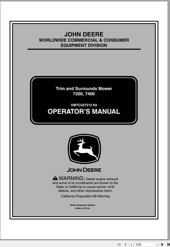 John Deere Trim Surrounds Mower 7200 7400 SN 010001 Operators Manual 2009 1