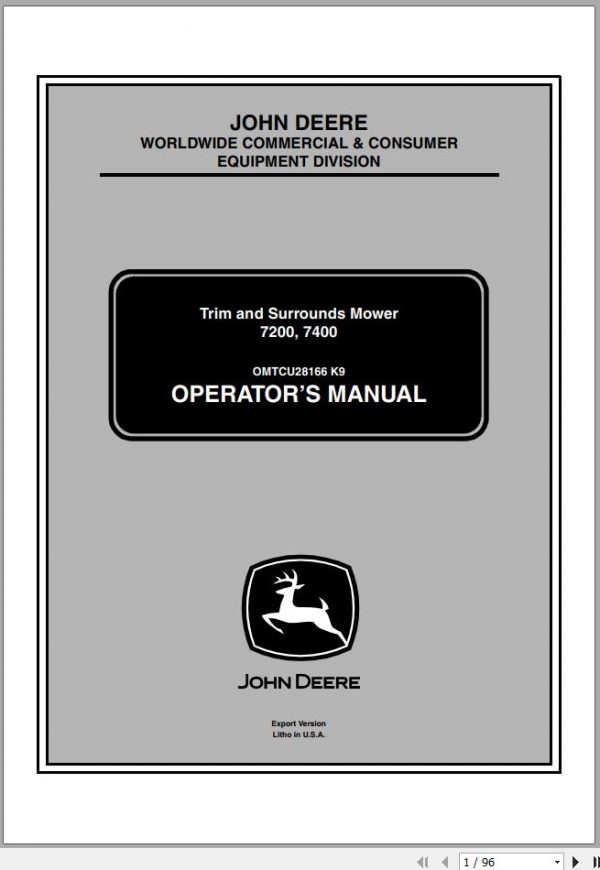 John Deere Trim Surrounds Mower 7200 7400 SN 030001 020001 Operators Manual 1