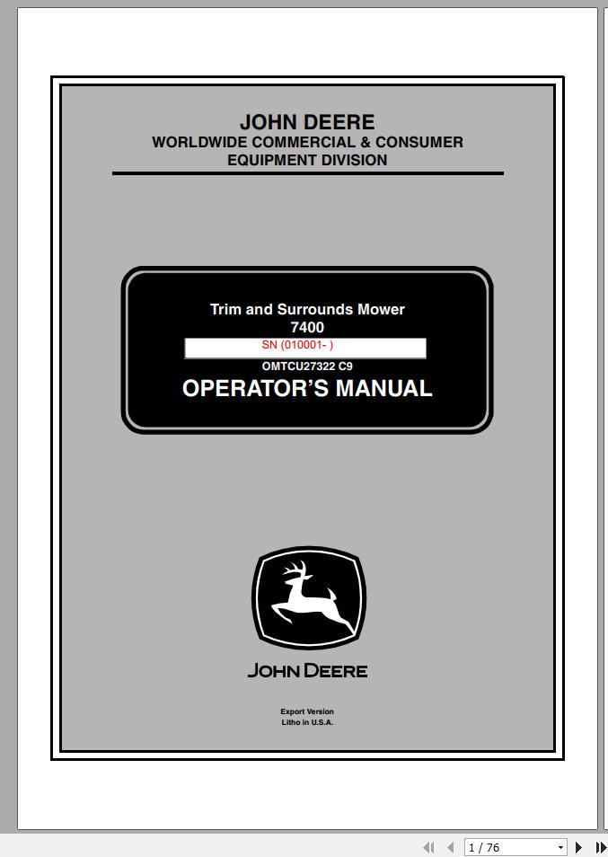 John Deere Trim Surrounds Mower 7400 SN 010001 Operators Manual 1