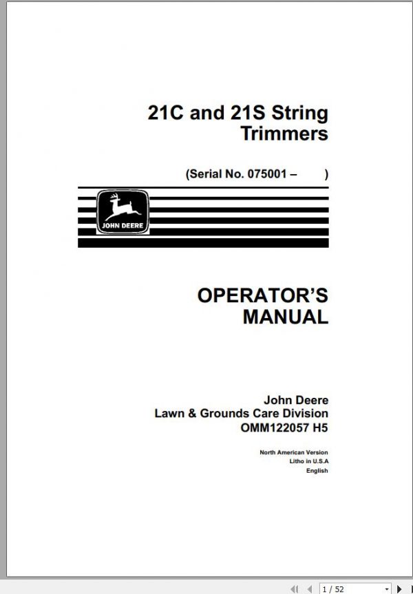 John Deere Trimmers 21C 21S SN 075001 Operators Manual OMM122057 H5 1