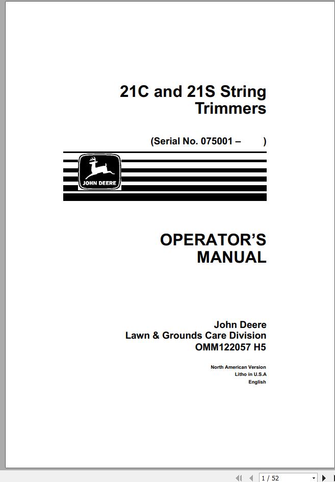 John Deere Trimmers 21C 21S SN 075001 Operators Manual OMM122057 H5 1