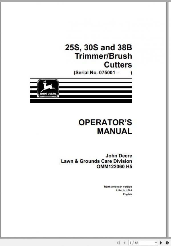 John Deere Trimmers 25S 30S 38B SN 075001 Operators Manual OMM122060 H5 1
