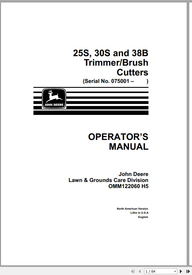 John Deere Trimmers 25S 30S 38B SN 075001 Operators Manual OMM122060 H5 1