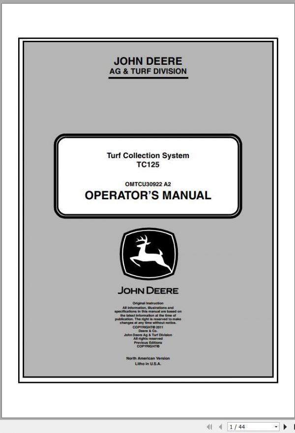 John Deere Turf Collection System TC125 Operators Manual OMTCU30922 A2 2011 1