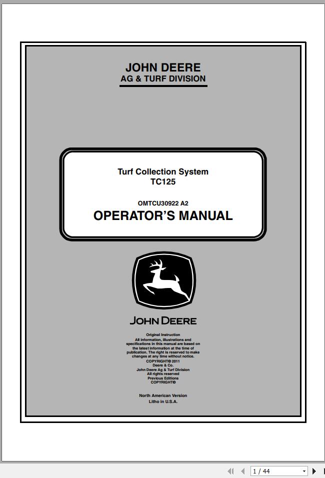 John Deere Turf Collection System TC125 Operators Manual OMTCU30922 A2 2011 1