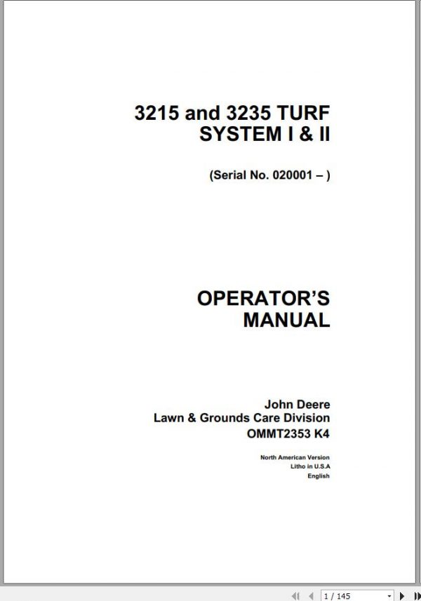 John Deere Turf System I II 3215 3235 SN 020001 Operators Manual OMMT2353 K4 1