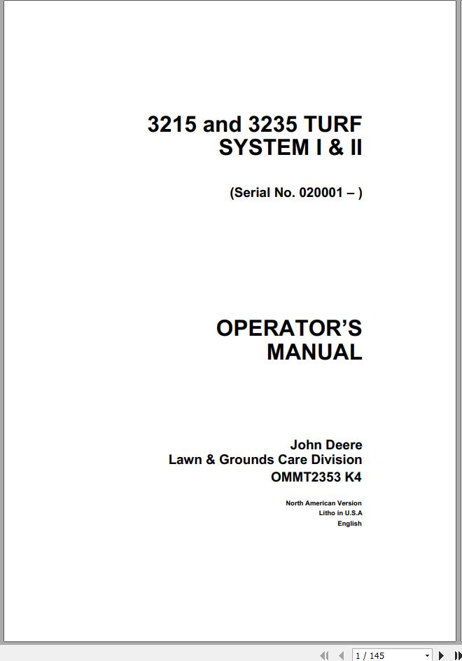 John Deere Turf System I II 3215 3235 SN 020001 Operators Manual OMMT2353 K4 1