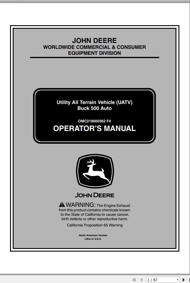 John Deere Utility All Terrain Vehicle Buck 500 Auto Operators Manual OMC219000362 F4 1