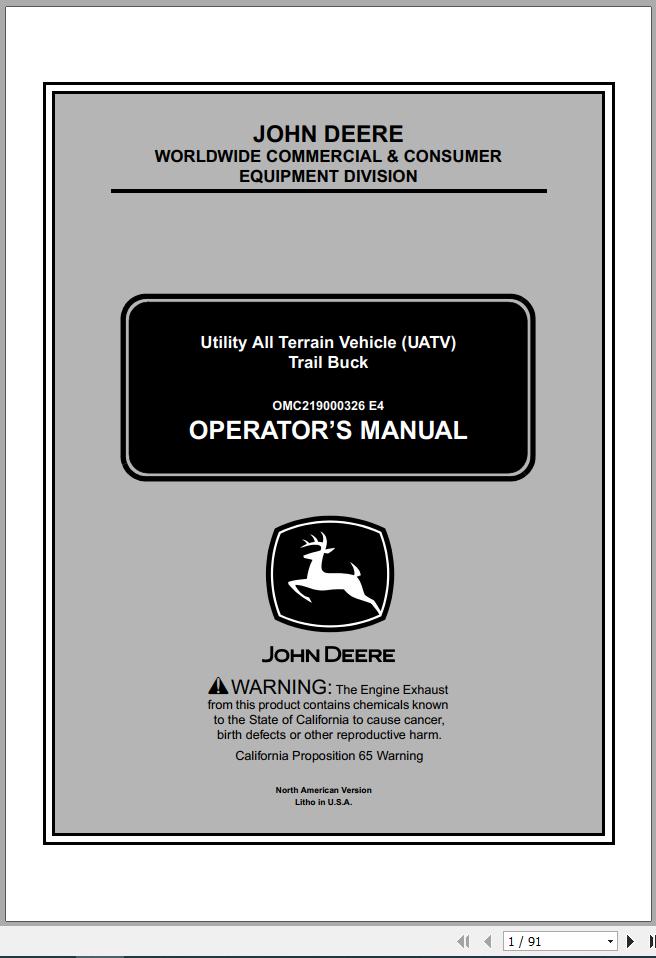 John Deere Utility All Terrain Vehicle UATV Trail Buck Operators Manual OMC219000326 E4 1