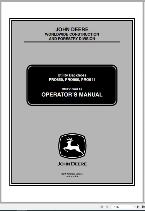 John Deere Utility Backhoes PRO850 PRO900 PRO911 Operators Manual OMKV18678 A2 1