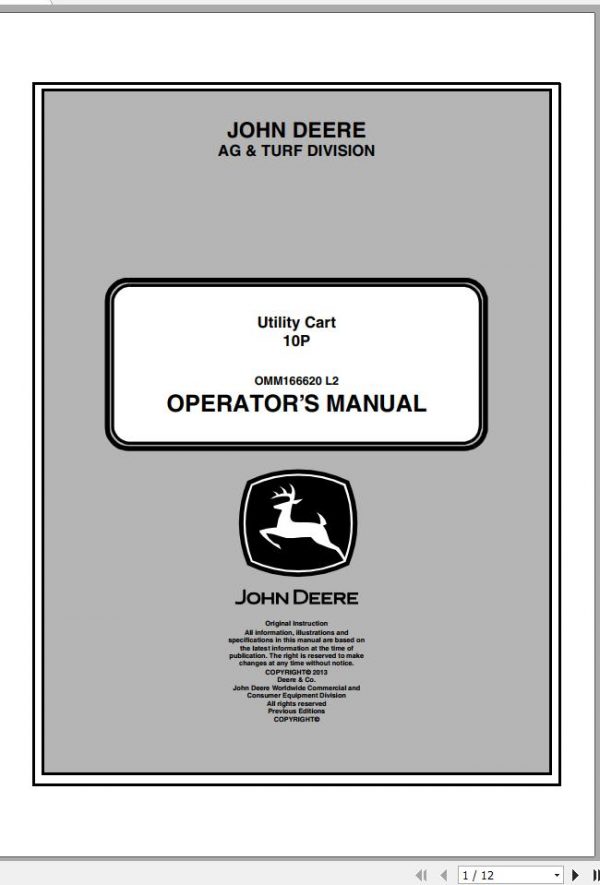 John Deere Utility Cart 10P Operators Manual OMM166620 L2 2013 1