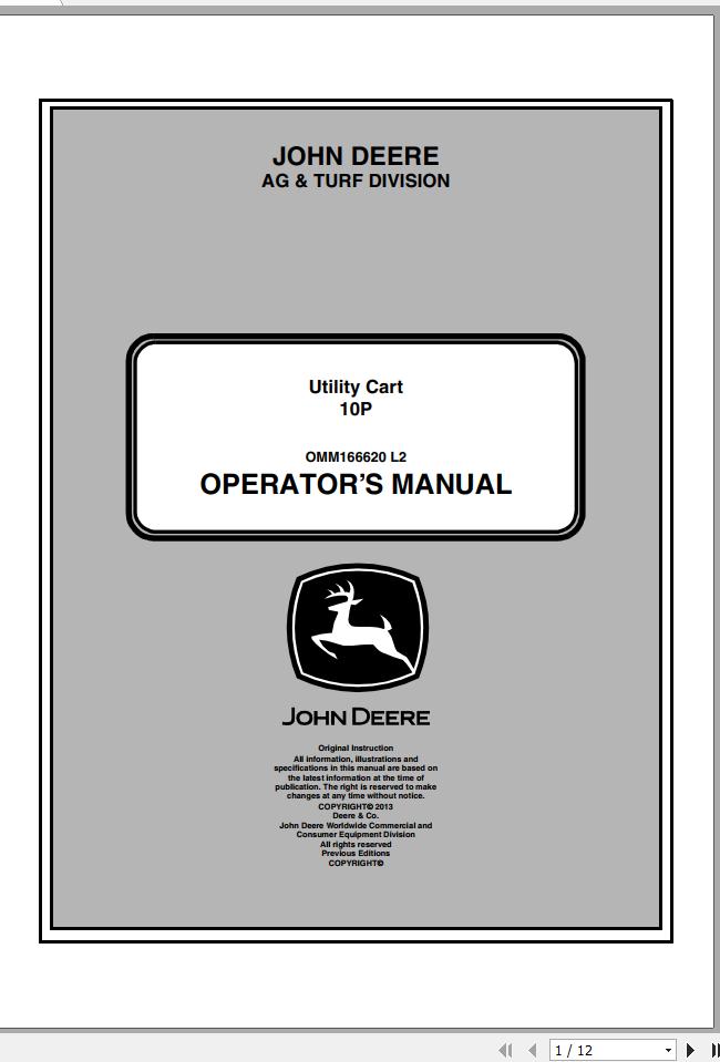 John Deere Utility Cart 10P Operators Manual OMM166620 L2 2013 1