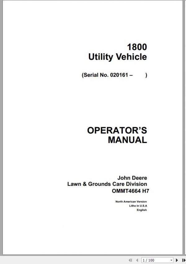 John Deere Utility Vehicle 1800 SN 020161 Operators Manual OMMT4664 H7 1