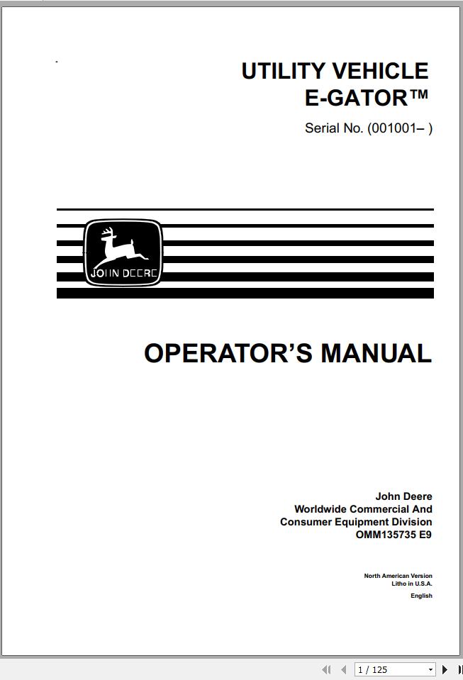 John Deere Utility Vehicle E Gator SN 001001 Operators Manual OMM135735 E9 1