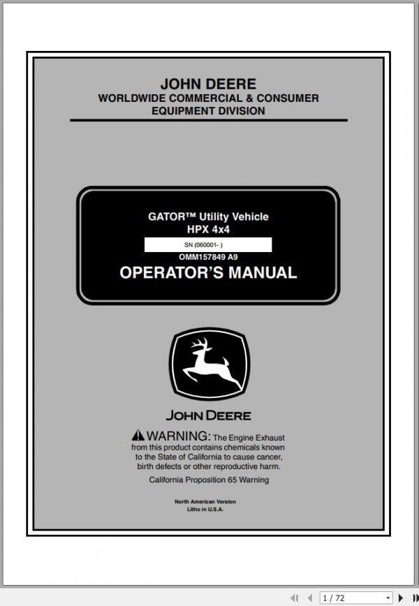 John Deere Utility Vehicle Gator HPX 4×4 SN 060001 Operators Manual OMM157849 A9 2008 1