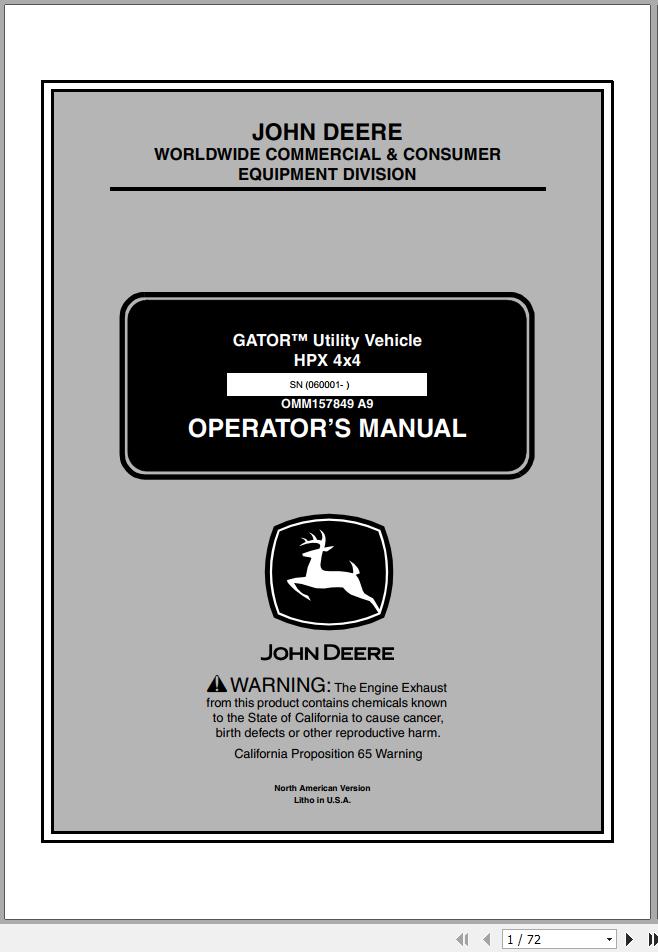 John Deere Utility Vehicle Gator HPX 4x4 SN 060001 Operators Manual OMM157849 A9 2008 1