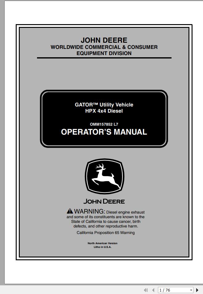 John Deere Utility Vehicle HPX 4x4 Diesel SN 060001 Operators Manual OMM157852 L7 2007 1