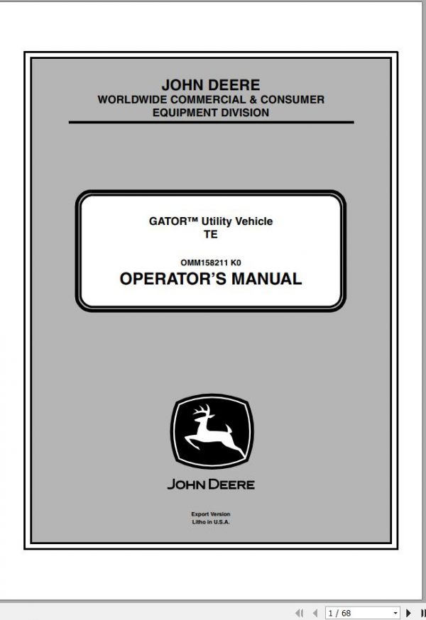 John Deere Utility Vehicle TE SN 050001 Operators Manual OMM158211 K0 2010 1