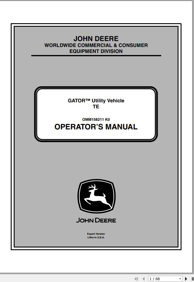 John Deere Utility Vehicle TE SN 050001 Operators Manual OMM158211 K0 2010 1