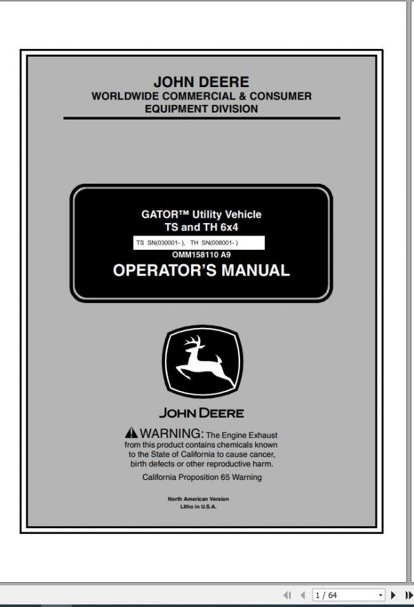 John Deere Utility Vehicle TS TH 6×4 Operators Manual OMM158110 A9 2009 1