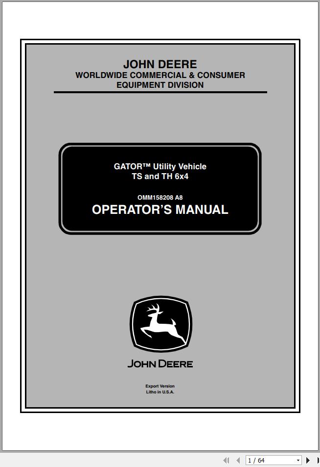 John Deere Utility Vehicle TS TH 6x4 Operators Manual OMM158208 A8 2008 1