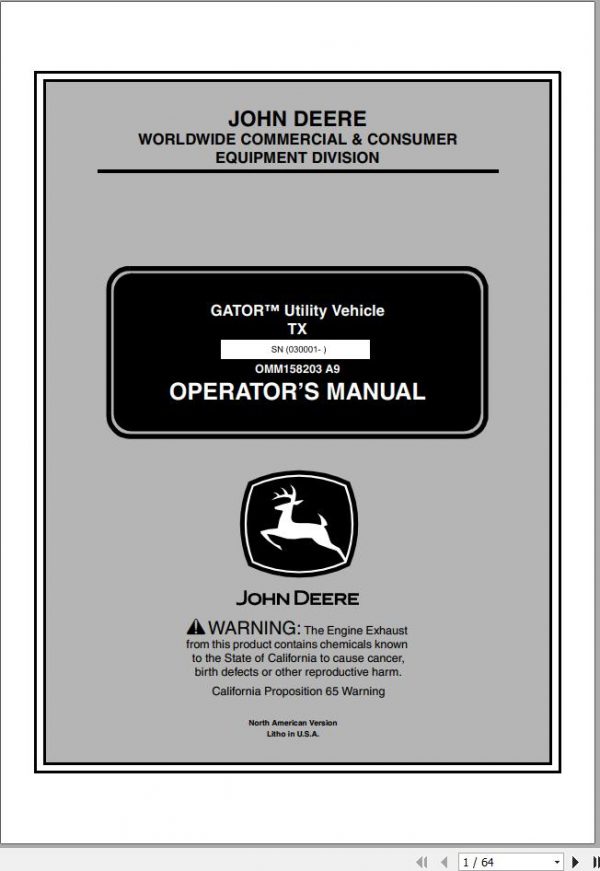 John Deere Utility Vehicle TX SN 030001 Operators Manual OMM158203 A9 2008 1