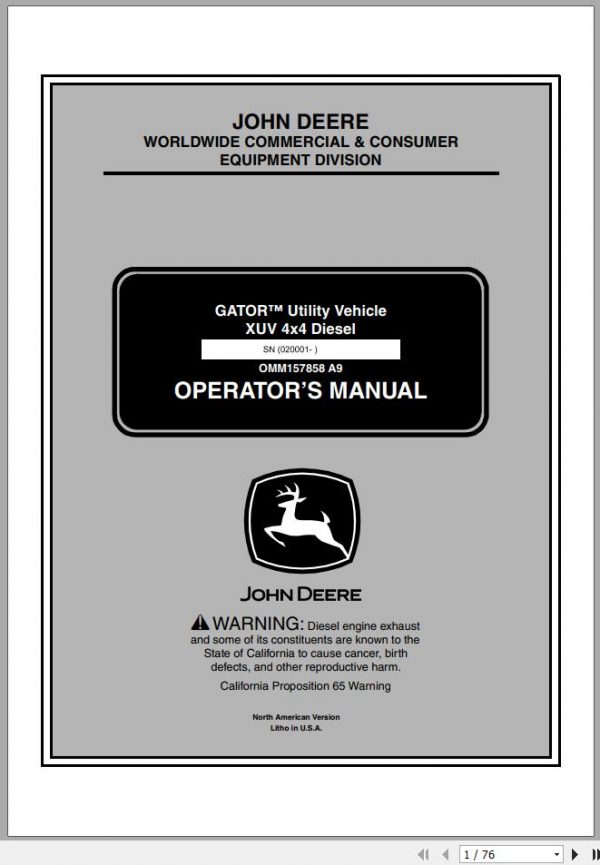 John Deere Utility Vehicle XUV 4X4 Diesel SN 020001 Operators Manual OMM157858 A9 2009 1