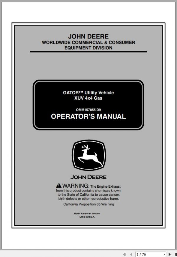 John Deere Utility Vehicle XUV 4X4 Gas Operators Manual OMM157855 D9 2009 1