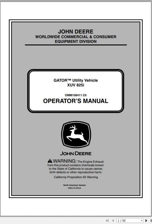 John Deere Utility Vehicle XUV 825i Operators Manual OMM158411 C0 2010 1