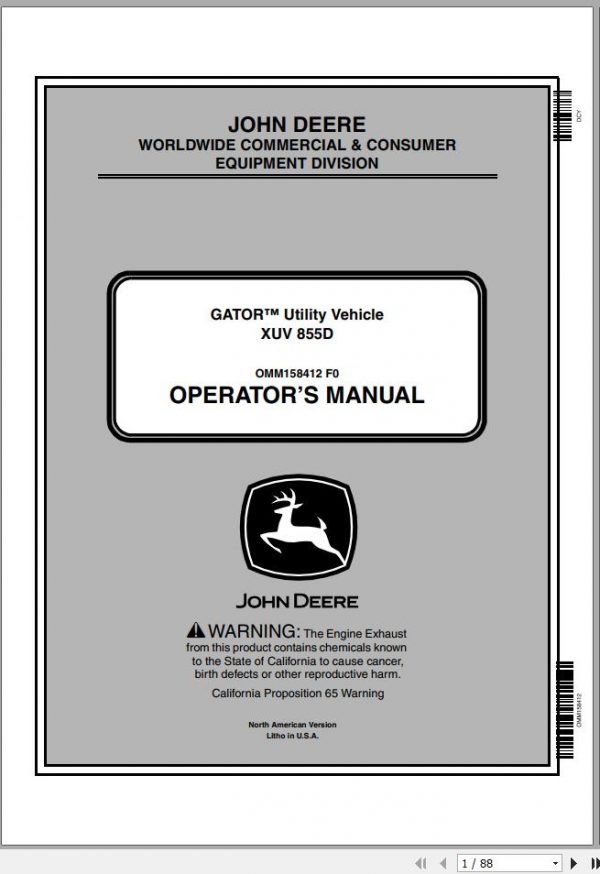 John Deere Utility Vehicle XUV 855D Operators Manual OMM158412 F0 2010 1