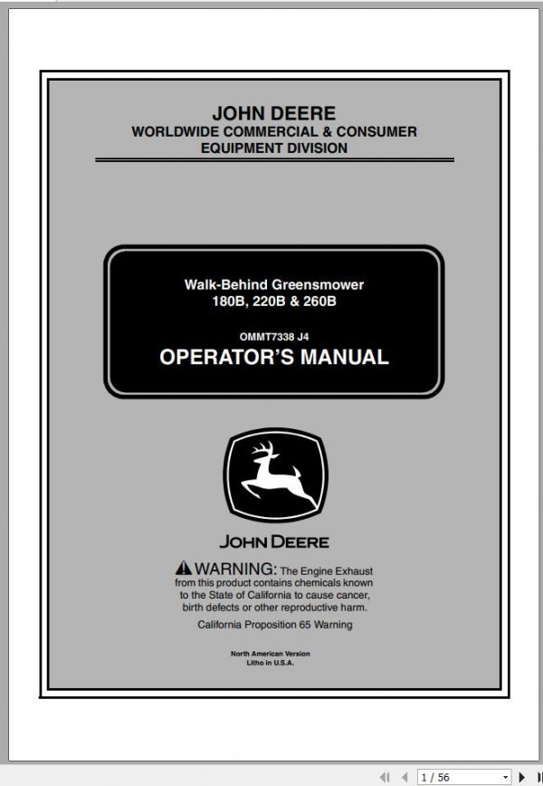 John Deere Walk Behind Greensmower 180B 220B 260B Operators Manual OMMT7338 J4 2004 1