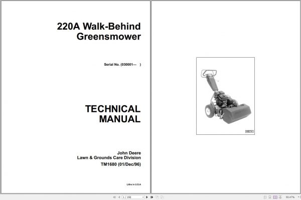 John Deere Walk Behind Greensmower 220A Technical Manual TM1680 1