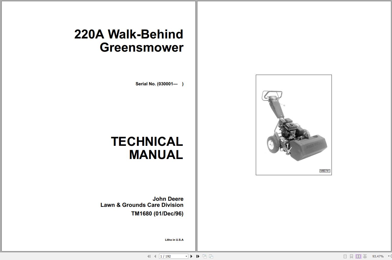 John Deere Walk Behind Greensmower 220A Technical Manual TM1680 1