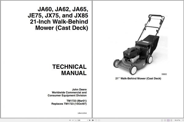 John Deere Walk Behind Mower JA60 JA62 JA65 JE75 JX75 JX85 21 Inch Technical Manual TM1723 1