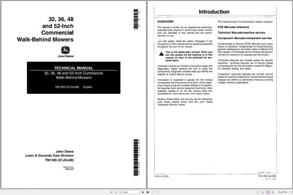 John Deere Walk Behind Mowers 32 36 48 52 Inch Technical Manual TM1305 1