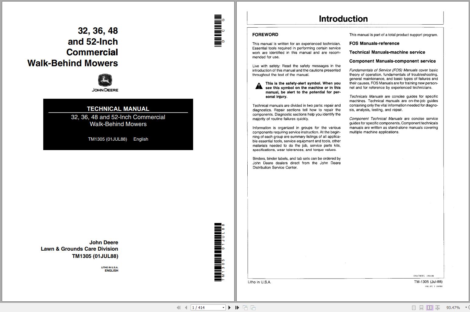 John Deere Walk Behind Mowers 32 36 48 52 Inch Technical Manual TM1305 1