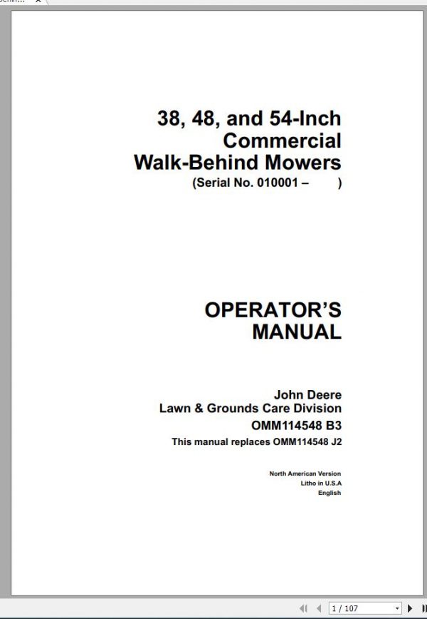 John Deere Walk Behind Mowers 38 48 54 Inch SN 010001 Operators Manual OMM114548 B3 1