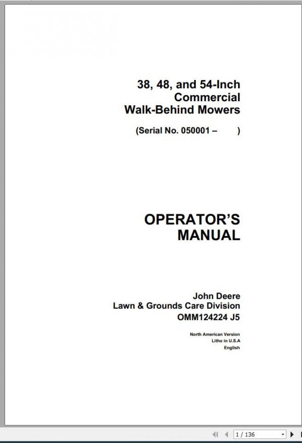 John Deere Walk Behind Mowers 38 48 54 Inch SN 050001 Operators Manual OMM124224 J5 1