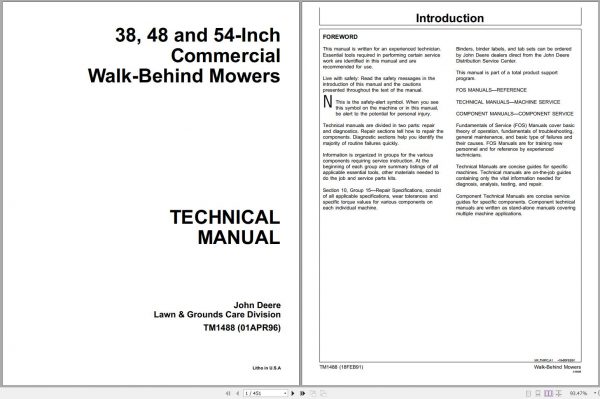 John Deere Walk Behind Mowers 38 48 54 Inch Technical Manual TM1488 1