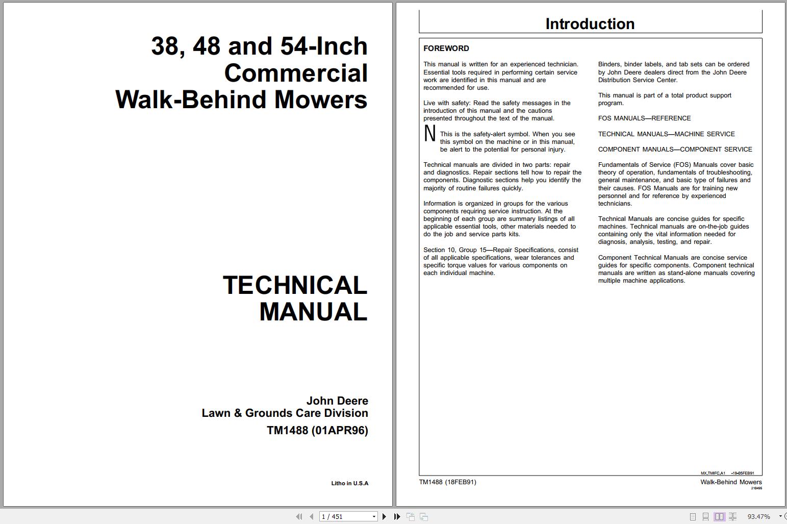 John Deere Walk Behind Mowers 38 48 54 Inch Technical Manual TM1488 1